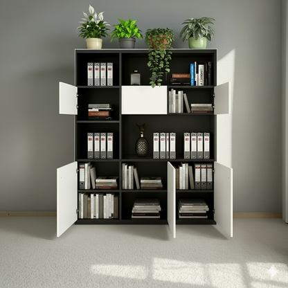 "Executive Credenza & Bookshelf | Modern Office Storage Unit with Black Marble Accent "