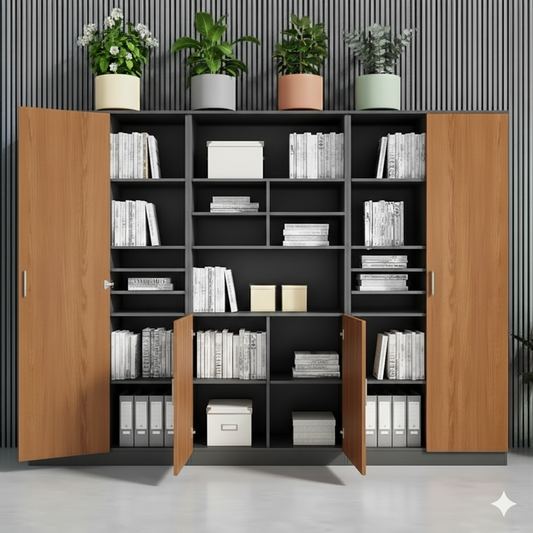 Modern Office Storage Cabinet and Bookshelf with Lockable Doors - Walnut & Grey