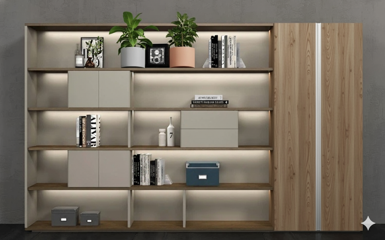 The Zenith Executive Bookshelf with Integrated LED Lighting | Solid Wood Office & Living Room Display Cabinet