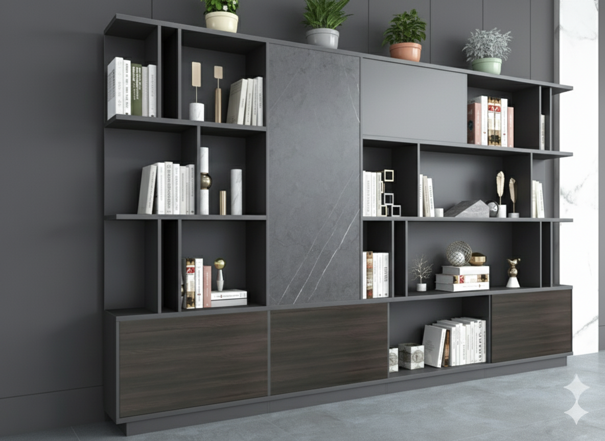 Executive Credenza & Bookcase with Premium Marble-Effect Accent - The 'Aura' Storage Unit