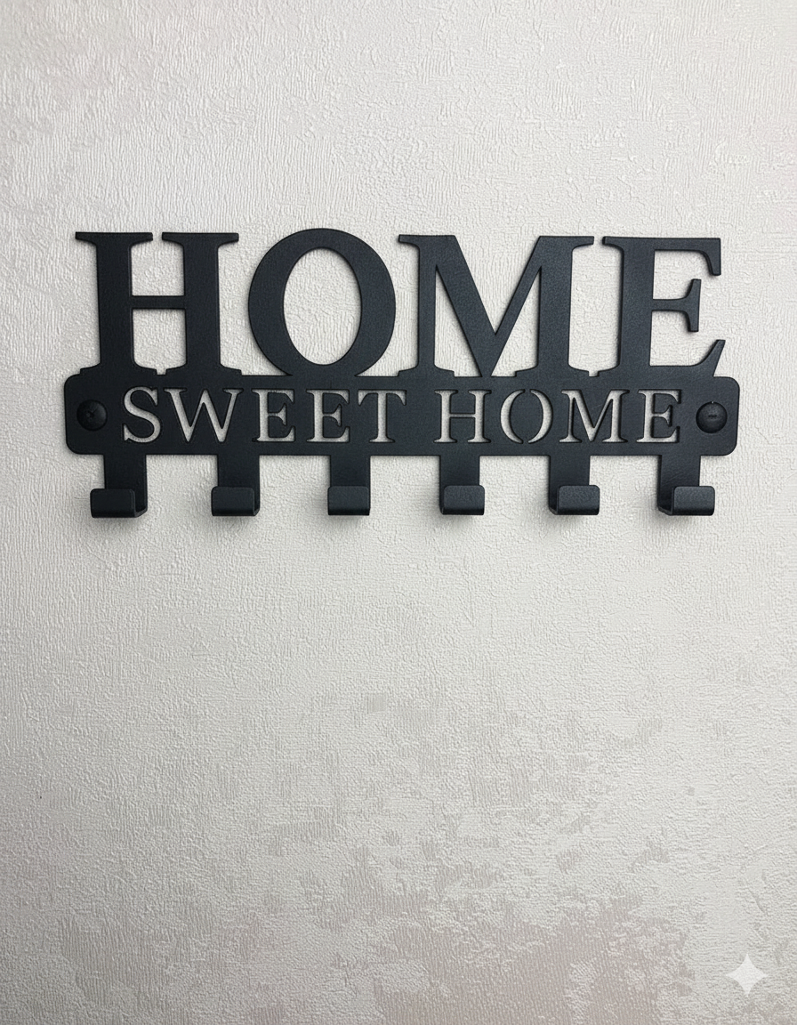 “Home Sweet Home” Wall Key Holder | 6-Hook Metal Key Organizer | Theom Living