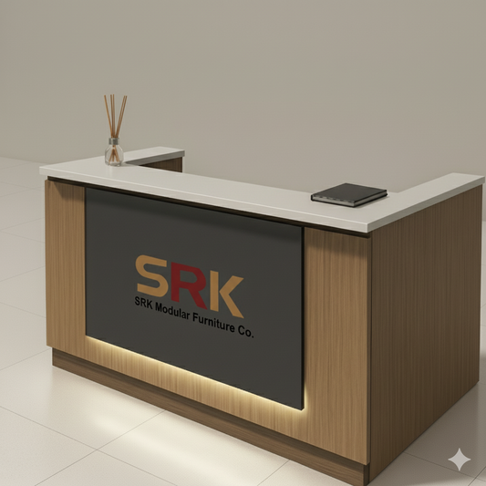 Modern Reception Counter – Oak Finish with Front Branding Panel & LED Base | SRK Modular Furniture Co.
