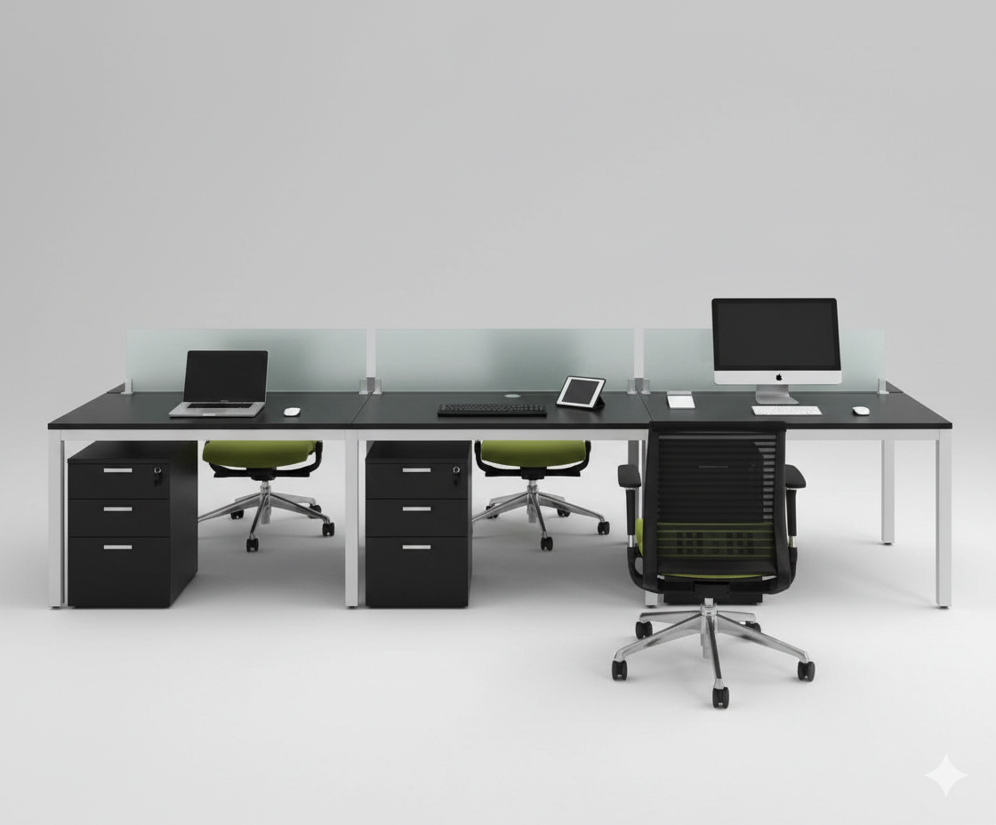 4-Seater Linear Modular Workstation – Black & Silver Frame with Frosted Glass Partition | SRK Modular Furniture Co.