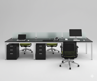 4-Seater Linear Modular Workstation – Black & Silver Frame with Frosted Glass Partition | SRK Modular Furniture Co.