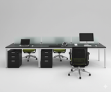 4-Seater Linear Modular Workstation – Black & Silver Frame with Frosted Glass Partition | SRK Modular Furniture Co.
