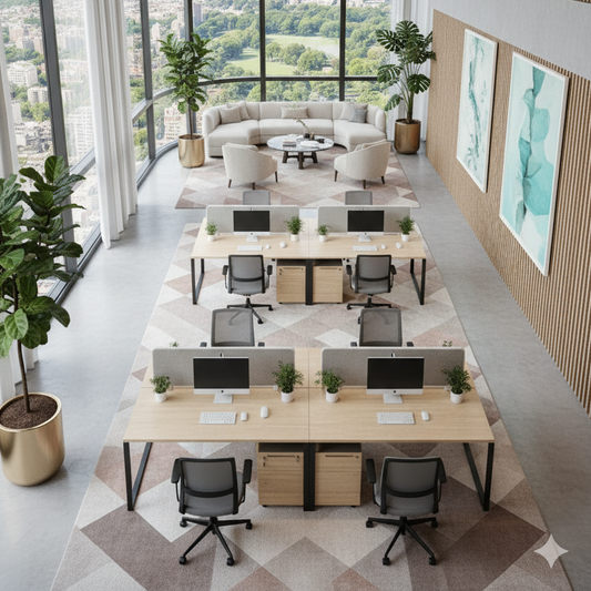 8-Seater Industrial Modular Workstation – Oak Wood Top with Black Metal Frame | SRK Modular Furniture Co.