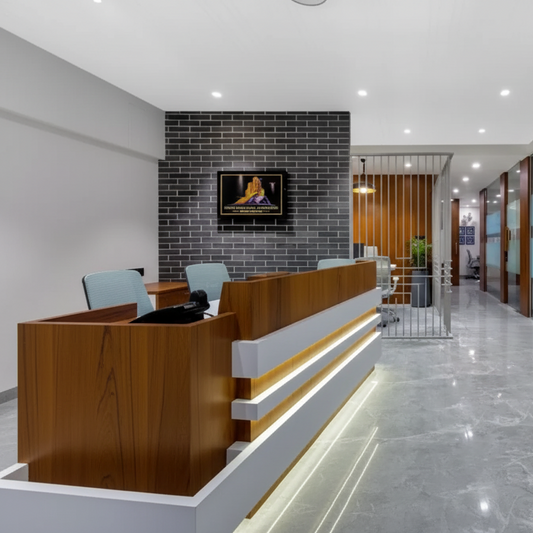 Corporate Reception Counter – Walnut Wood with LED Stripes & Grey Accent | SRK Modular Furniture Co.