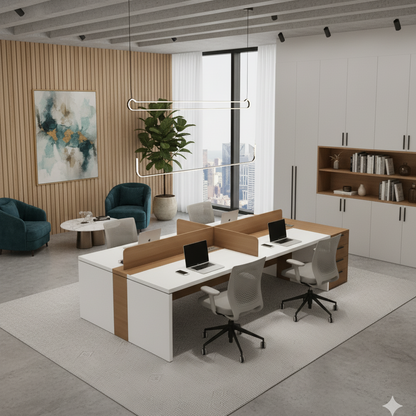 4-Seater Executive Modular Workstation – White & Teak Dual Finish | SRK Modular Furniture Co.
