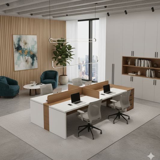 4-Seater Executive Modular Workstation – White & Teak Dual Finish | SRK Modular Furniture Co.