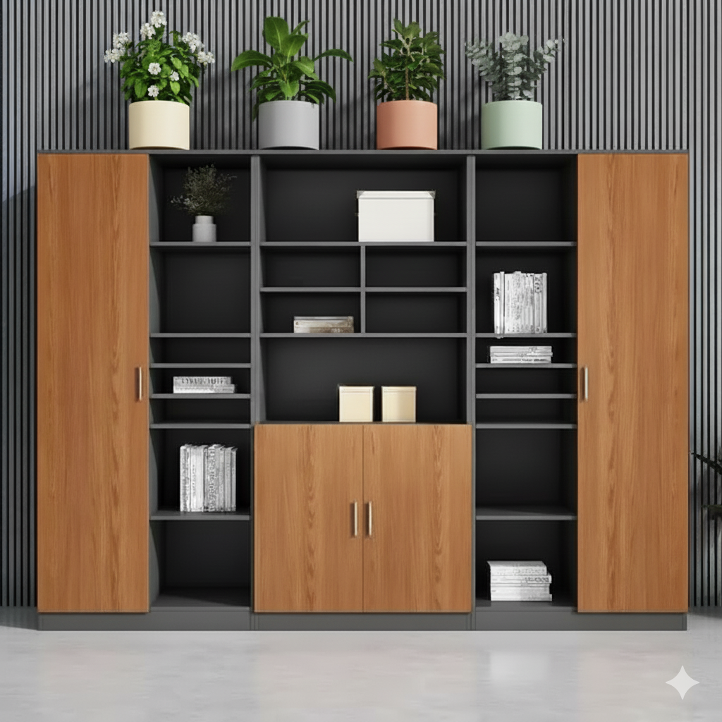 Modern Office Storage Cabinet and Bookshelf with Lockable Doors - Walnut & Grey
