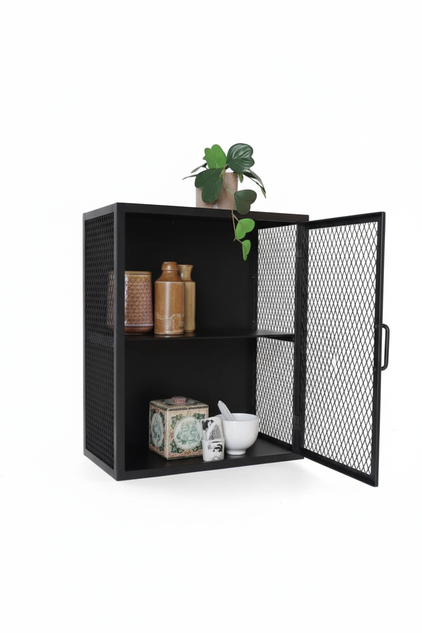 Industrial Metal Mesh Wall Cabinet | Black Steel Wall-Mounted Storage | SRK Modular Furniture