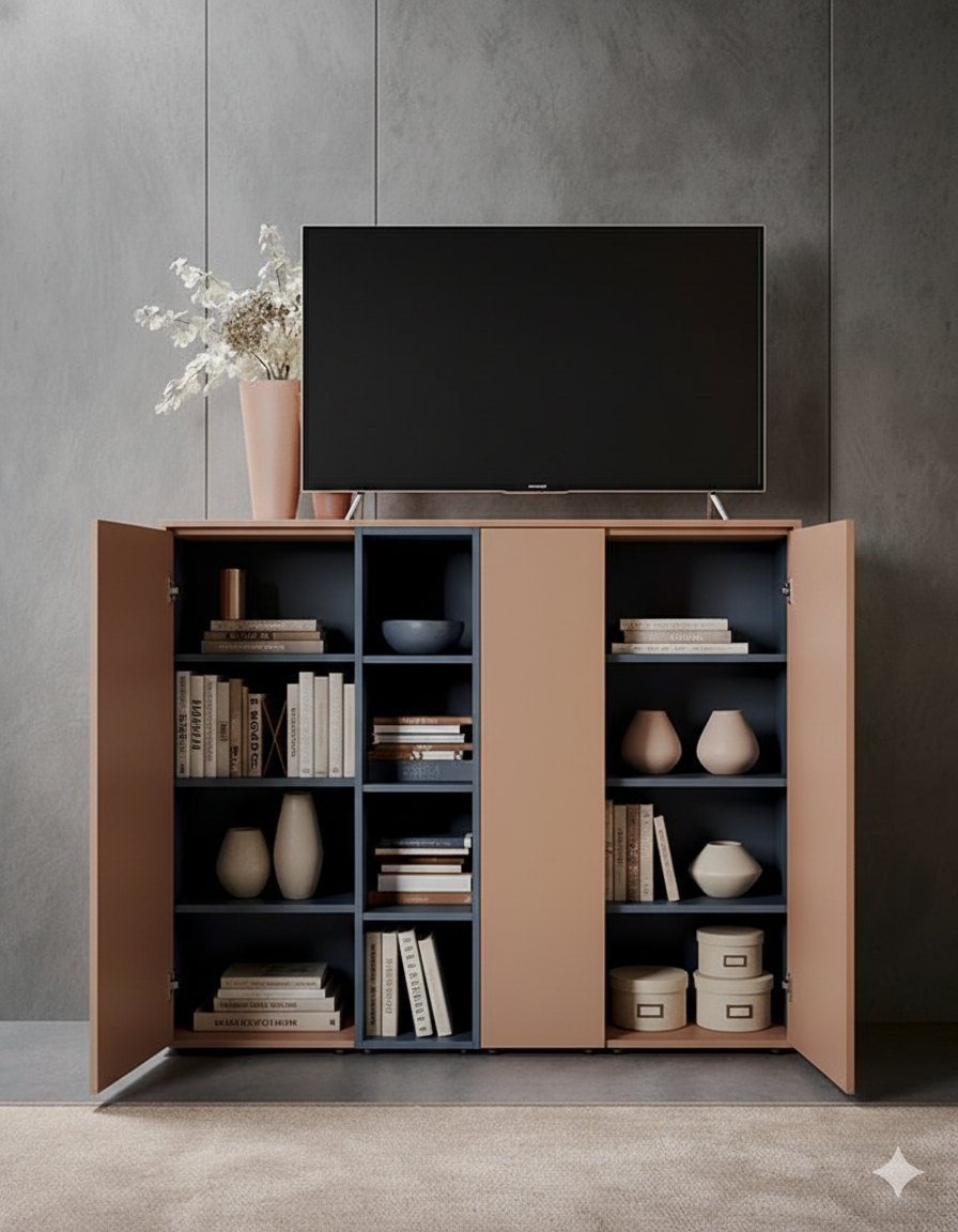 "Mid-Century Modern TV Unit & Media Console | Natural Oak Finish with Slate Grey Accent "