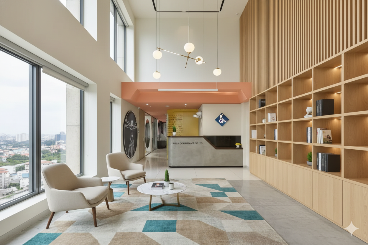 Modern Office Reception Counter – Concrete Grey with Walnut Accent | SRK Modular Furniture Co.