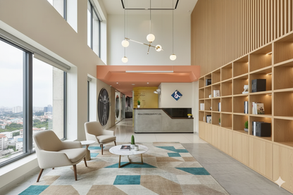 Modern Office Reception Counter – Concrete Grey with Walnut Accent | SRK Modular Furniture Co.