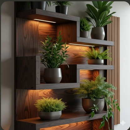 The Veridian Glow Modern Floating Wall Shelf with Integrated LED Lighting | Artistic Display Unit for Plants & Decor "