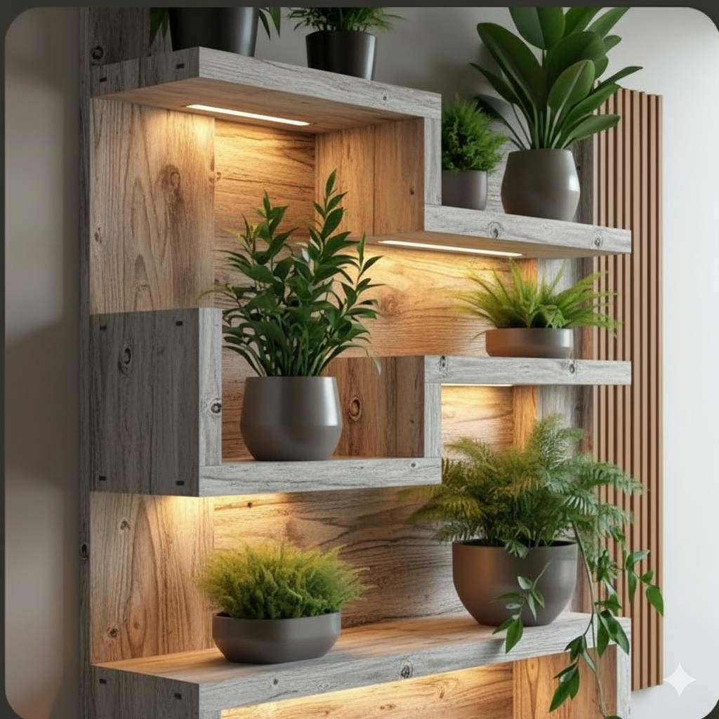 The Veridian Glow Modern Floating Wall Shelf with Integrated LED Lighting | Artistic Display Unit for Plants & Decor "