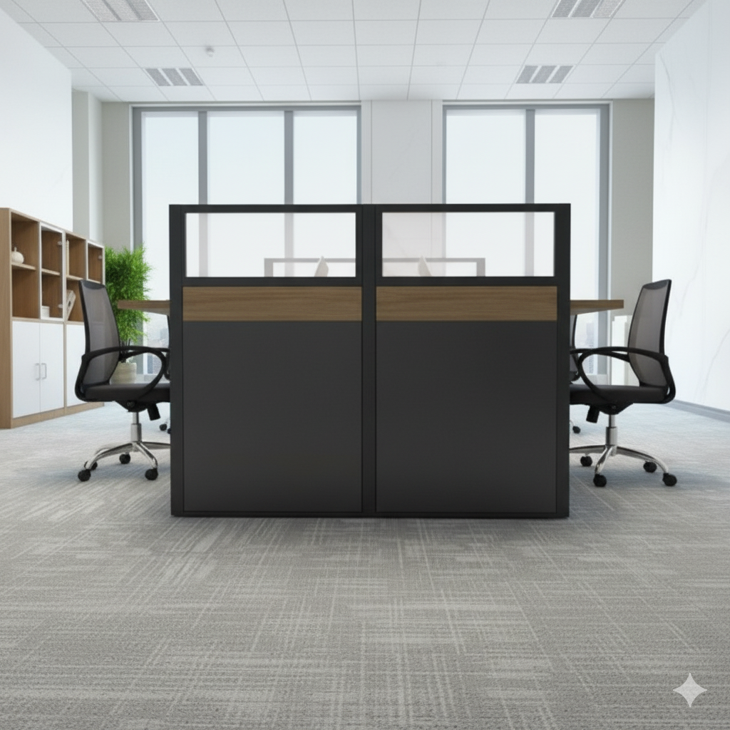 8-Seater Linear Modular Workstation – Oak Finish with Glass Partition Panels | SRK Modular Furniture Co.