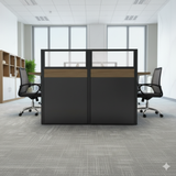 8-Seater Linear Modular Workstation – Oak Finish with Glass Partition Panels | SRK Modular Furniture Co.