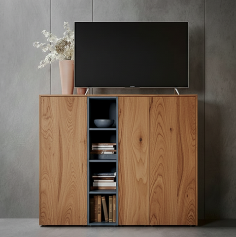 "Mid-Century Modern TV Unit & Media Console | Natural Oak Finish with Slate Grey Accent "