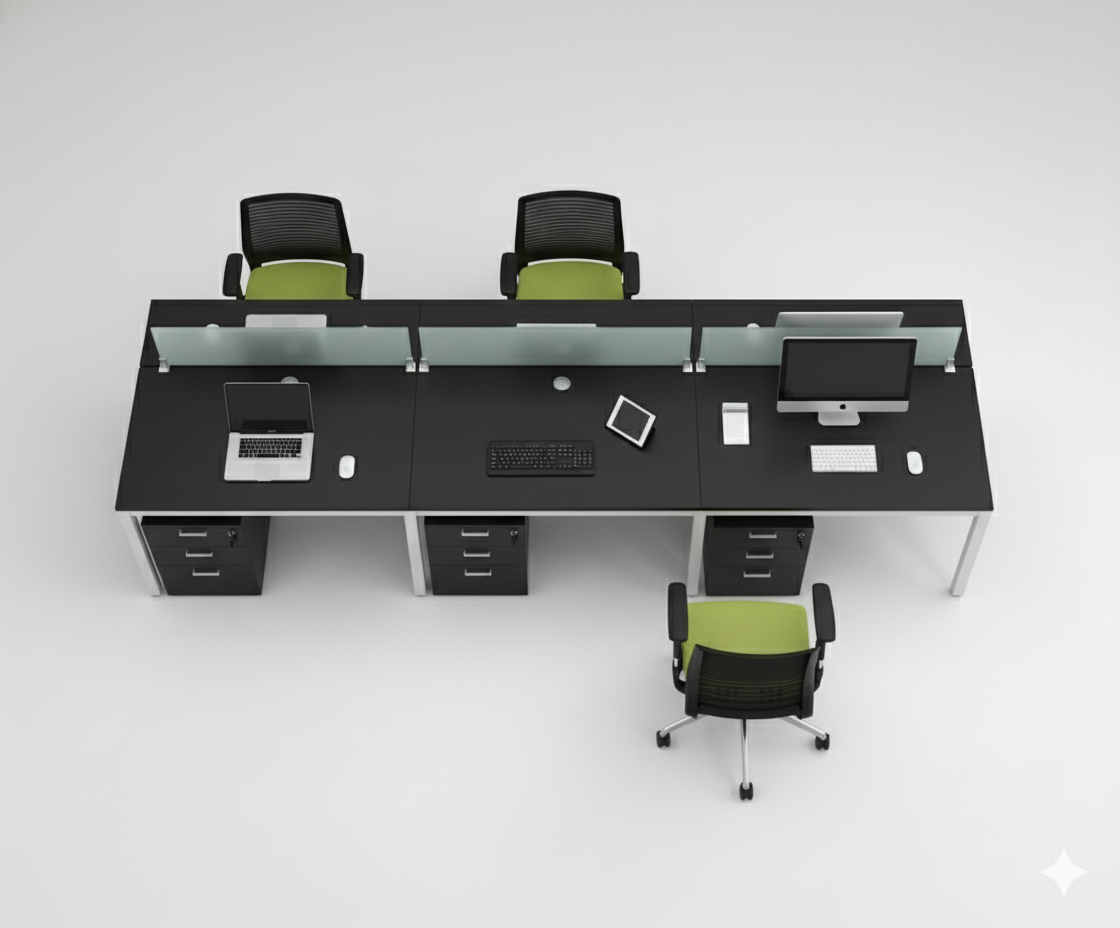 4-Seater Linear Modular Workstation – Black & Silver Frame with Frosted Glass Partition | SRK Modular Furniture Co.