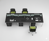 4-Seater Linear Modular Workstation – Black & Silver Frame with Frosted Glass Partition | SRK Modular Furniture Co.