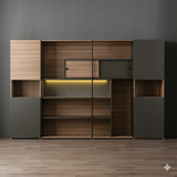 The Aethel Executive Wide Display & Storage Unit | Modern Bookcase with Integrated LED and Sliding Door | Dark Walnut Finish