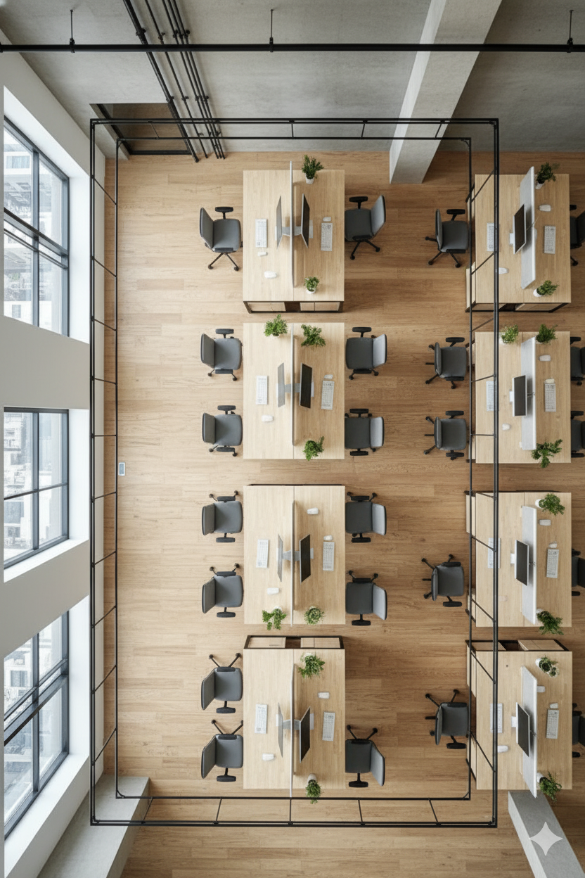 8-Seater Industrial Modular Workstation – Oak Wood Top with Black Metal Frame | SRK Modular Furniture Co.