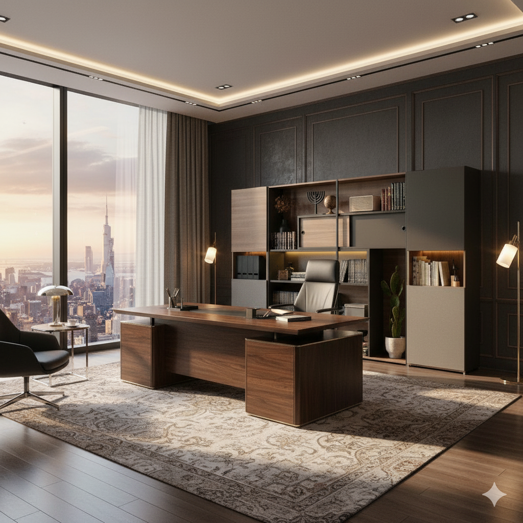 The Aethel Executive Wide Display & Storage Unit | Modern Bookcase with Integrated LED and Sliding Door | Dark Walnut Finish
