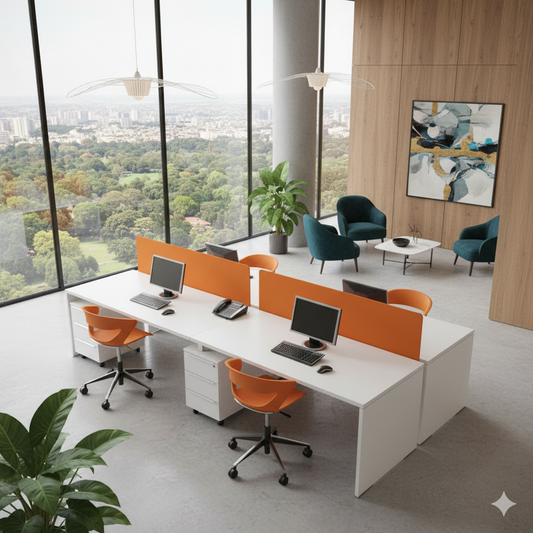 4-Seater Modular Office Workstation – White Finish with Orange Fabric Dividers | SRK Modular Furniture Co.