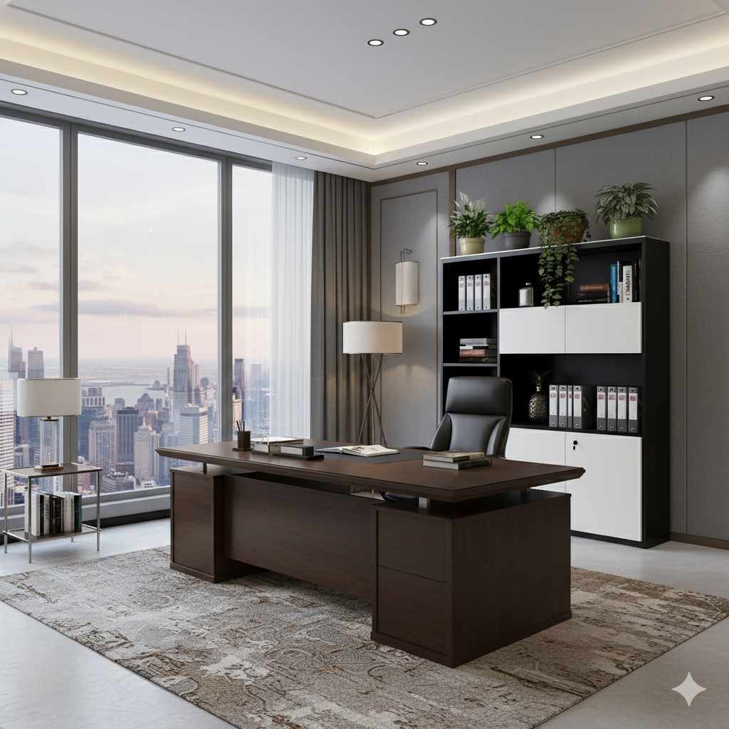 "Executive Credenza & Bookshelf | Modern Office Storage Unit with Black Marble Accent "