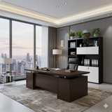 "Executive Credenza & Bookshelf | Modern Office Storage Unit with Black Marble Accent "
