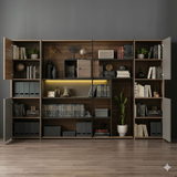 The Aethel Executive Wide Display & Storage Unit | Modern Bookcase with Integrated LED and Sliding Door | Dark Walnut Finish