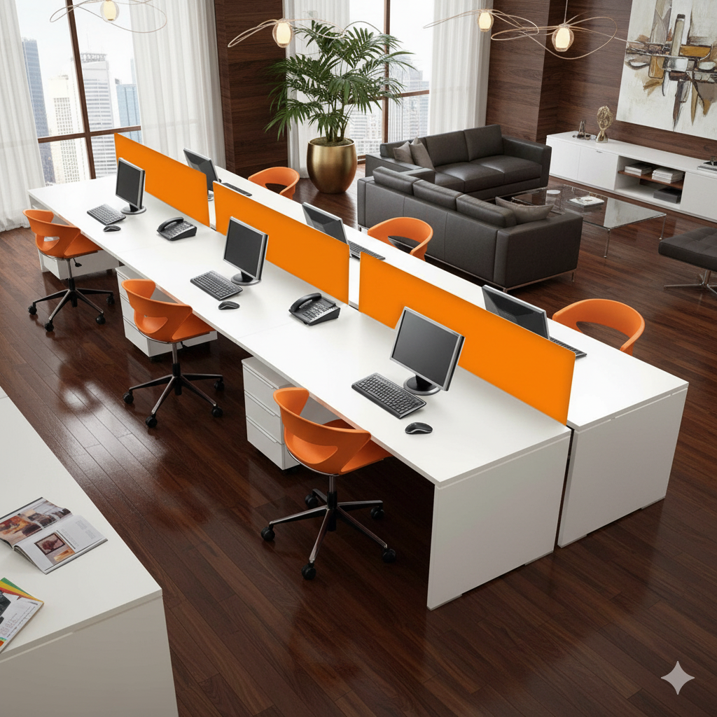 4-Seater Modular Office Workstation – White Finish with Orange Fabric Dividers | SRK Modular Furniture Co.