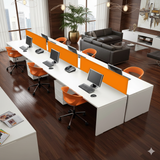 4-Seater Modular Office Workstation – White Finish with Orange Fabric Dividers | SRK Modular Furniture Co.