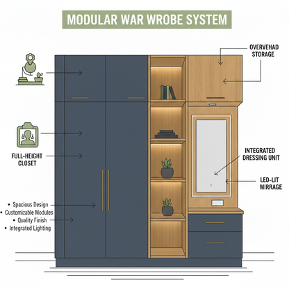 Aurelio Wardrobe with Dressing Unit | Matte Black & Oak Finish | SRK Modular Furniture