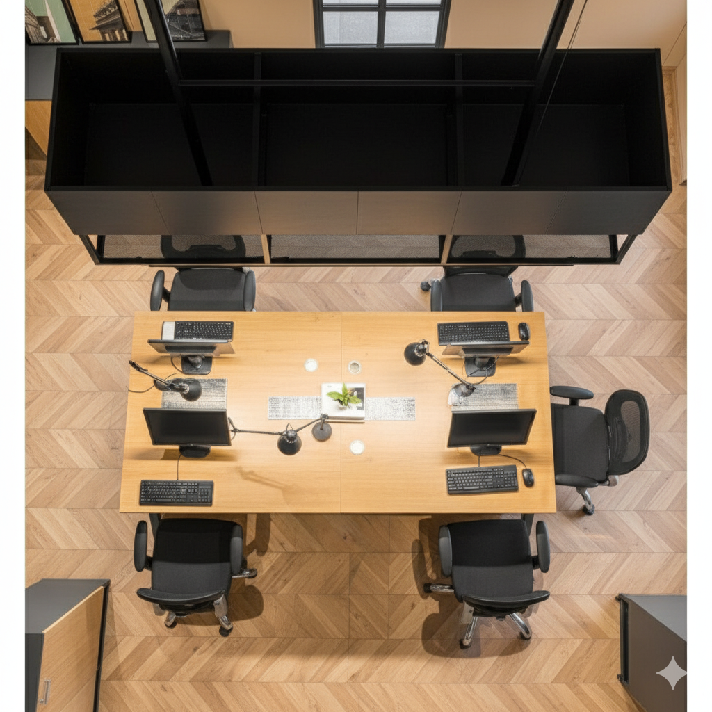 Modern 6-Seater Executive Office Workstation | Teak Finish Desk with Black Frame | Premium Modular Office Furniture by SRK Furniture