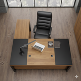 Industrial Executive Office Desk – Fluted Teak & Black Metal Frame | SRK Modular Furniture Co.