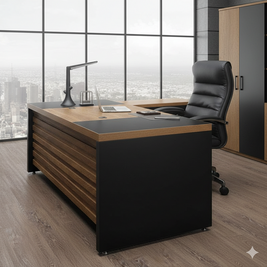 Industrial Executive Office Desk – Fluted Teak & Black Metal Frame | SRK Modular Furniture Co.