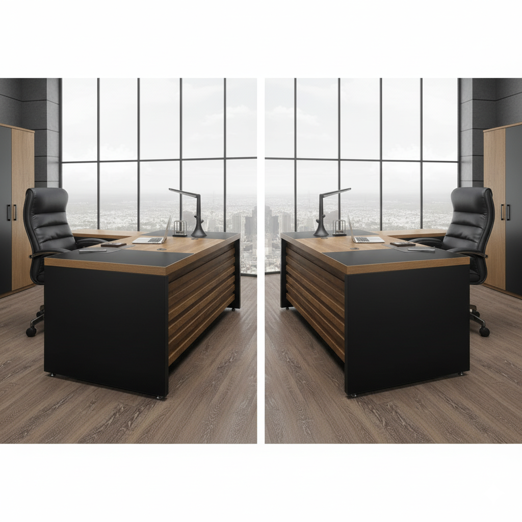 Industrial Executive Office Desk – Fluted Teak & Black Metal Frame | SRK Modular Furniture Co.