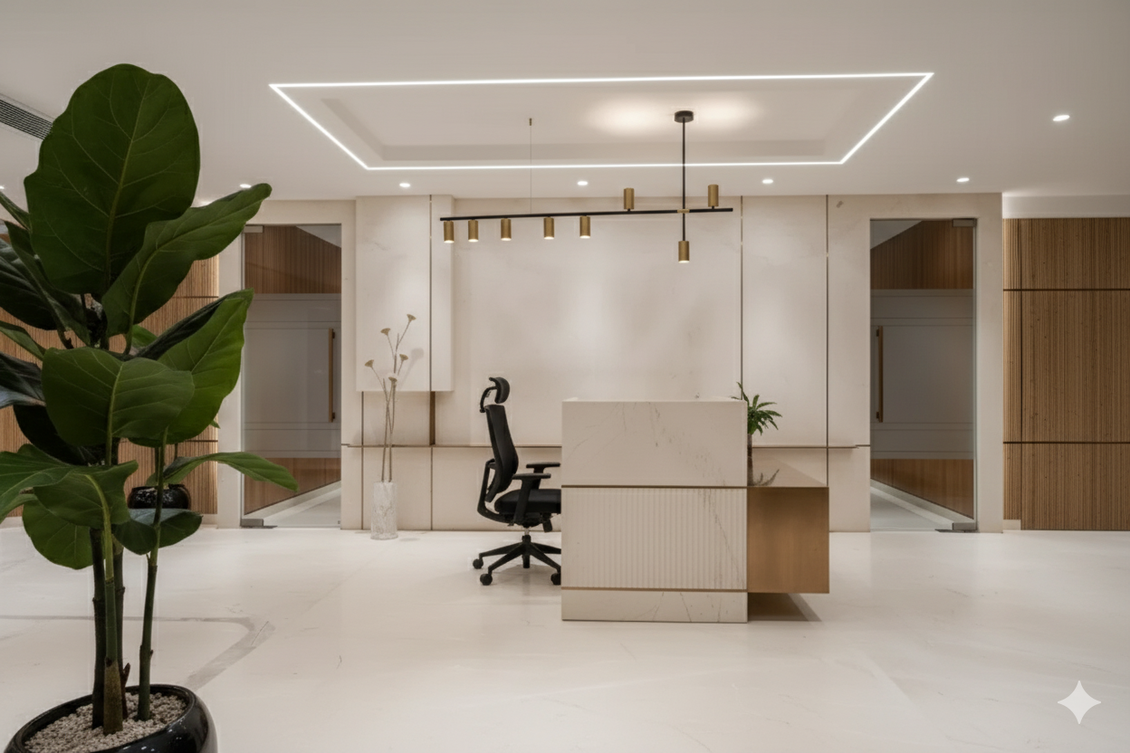 Luxury Reception Counter – Cream Marble Finish with Brass Detailing | SRK Modular Furniture Co.