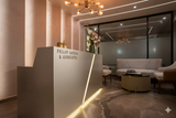 Premium Reception Counter – Champagne Gold with LED Base & Diagonal Accent | SRK Modular Furniture Co.