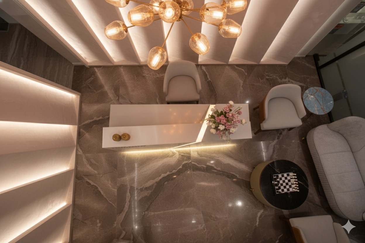 Premium Reception Counter – Champagne Gold with LED Base & Diagonal Accent | SRK Modular Furniture Co.