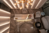 Premium Reception Counter – Champagne Gold with LED Base & Diagonal Accent | SRK Modular Furniture Co.