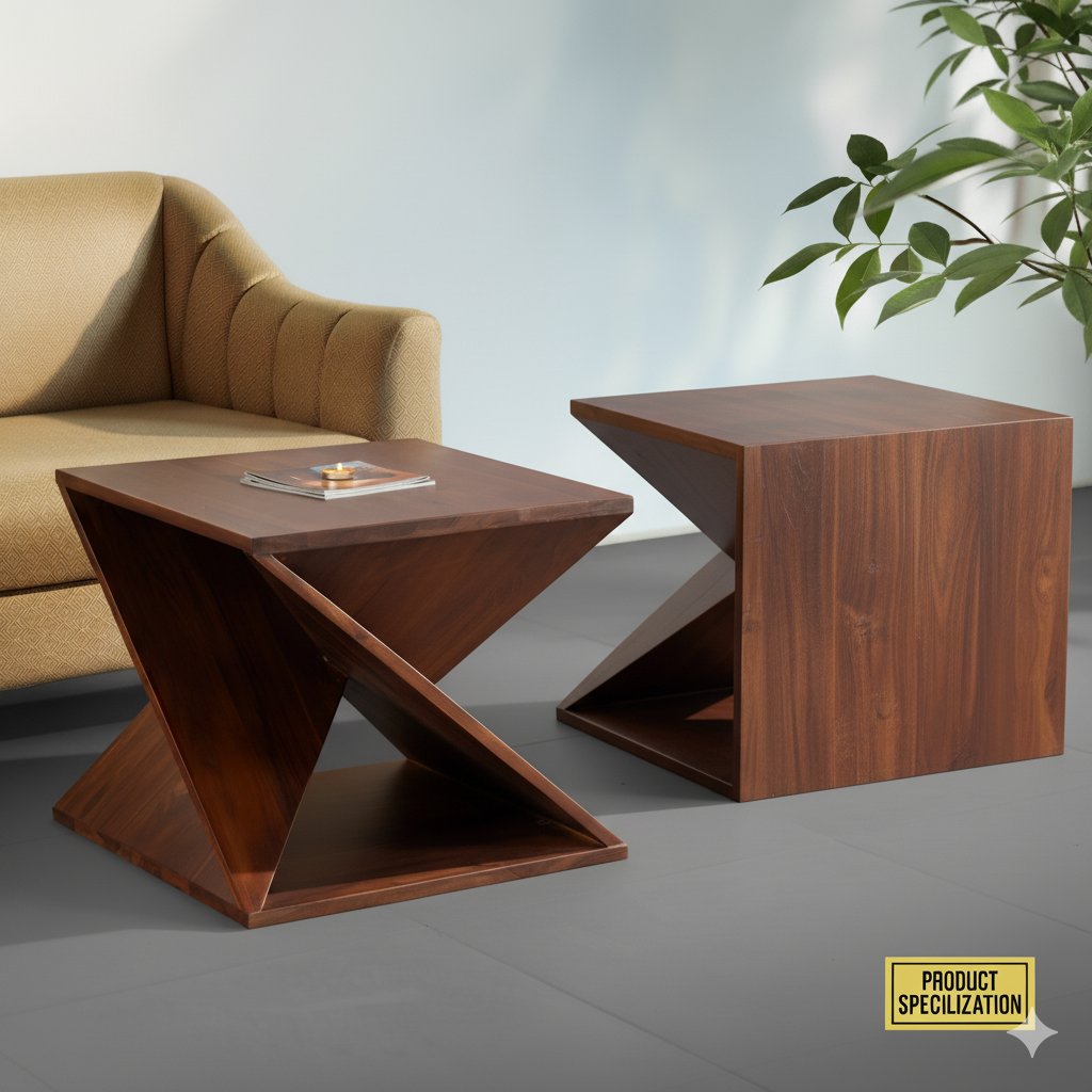 Solid Sheesham Wood Z-Shaped Side Table  Modern Wooden End Table for Living Room & Bedroom