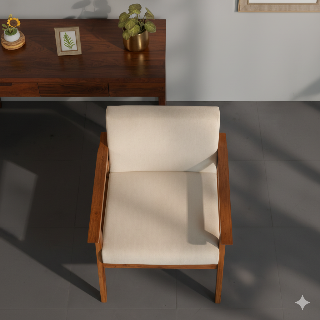 Solid Wood Lounge Chair – Mid-Century Modern Accent Chair with Cushioned Seat & Wooden Armrests for Living Room & Bedroom