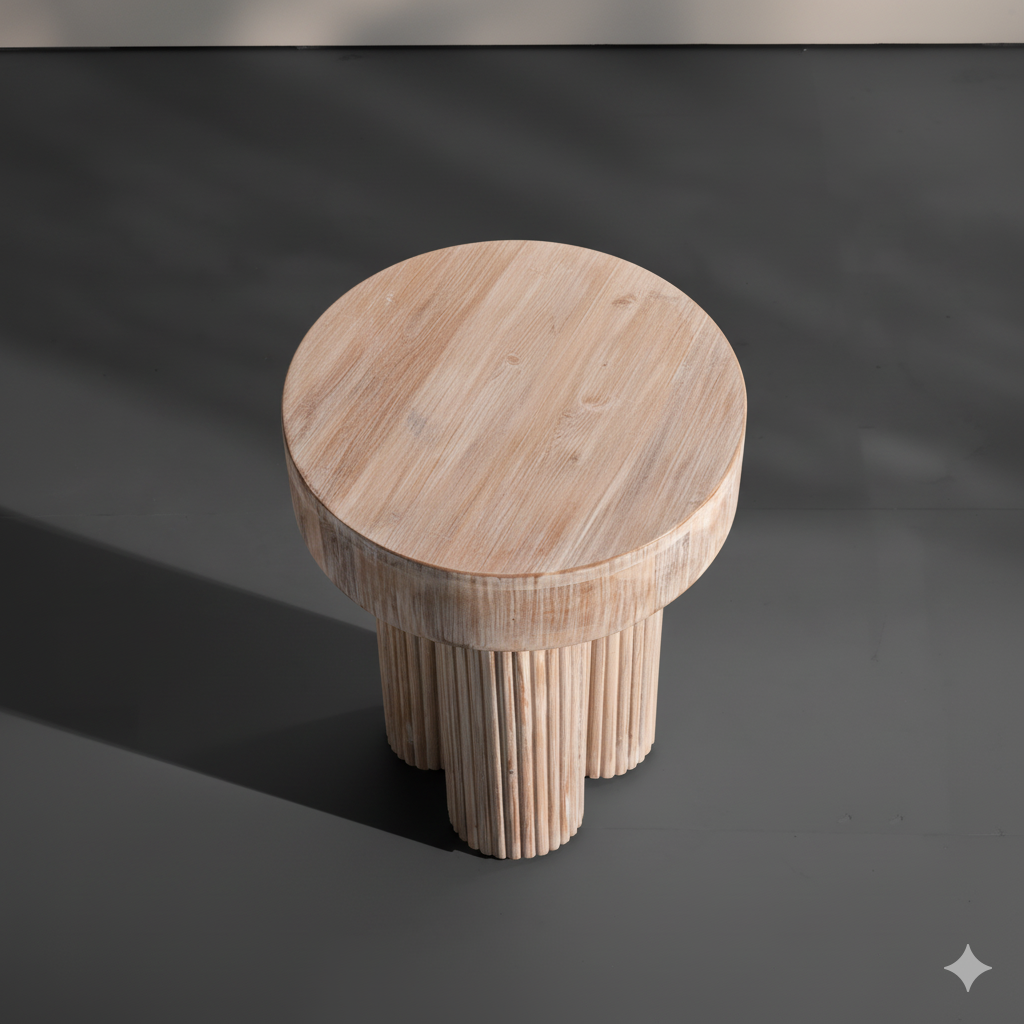 Solid Wood Round Side Table – Modern Accent Table with Ribbed Cylindrical Base for Living Room & Bedroom Décor