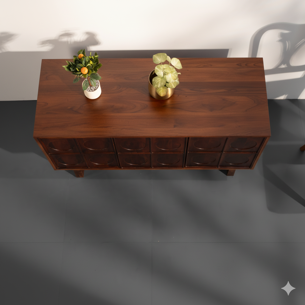 Mid-Century Modern Solid Wood Sideboard | Handcrafted Storage Cabinet with Carved Circle Design – Dark Walnut Finish Buffet