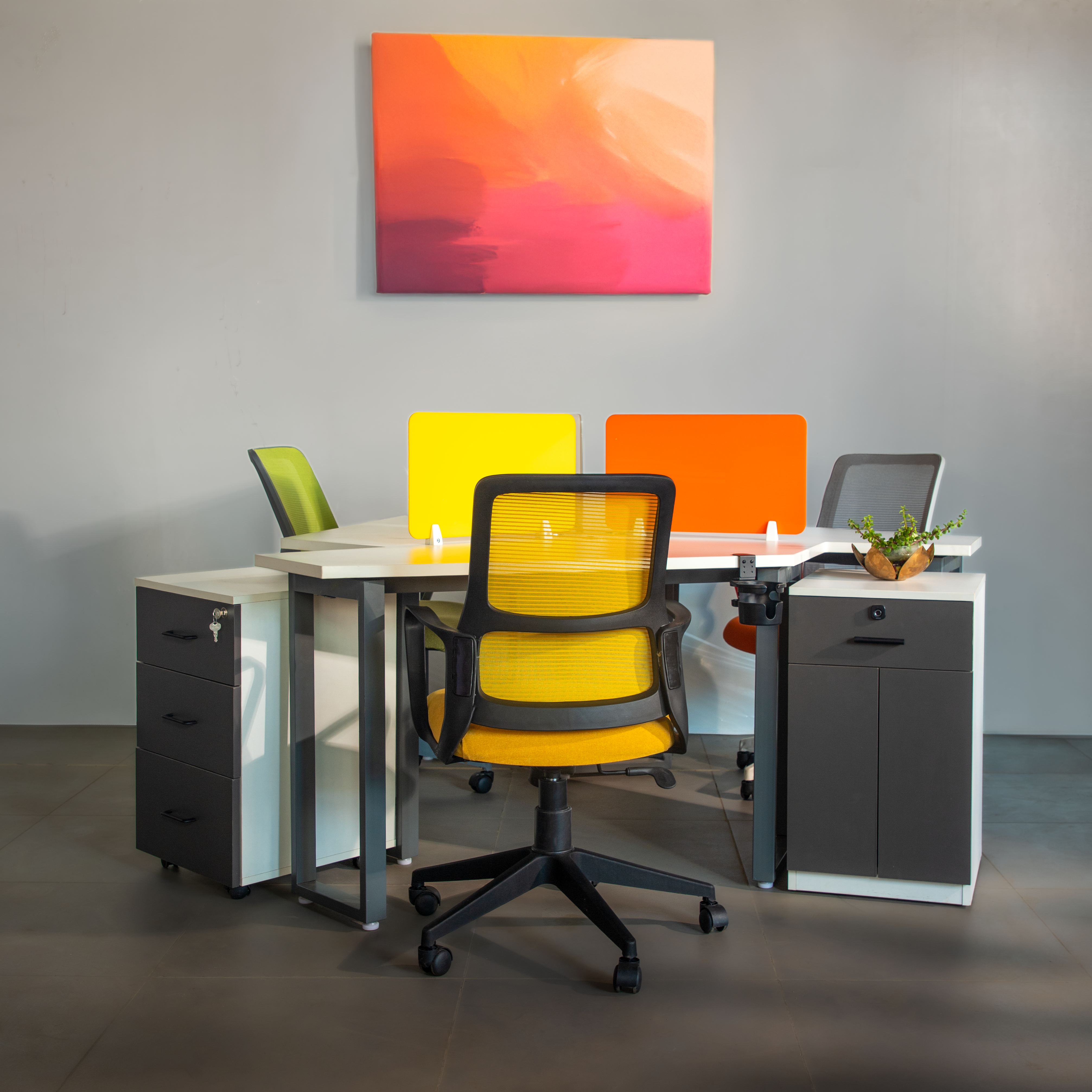 4-Seater Modular Workstation with Vibrant Mesh Chairs & Privacy Panels – SRK Modular Furniture Co.