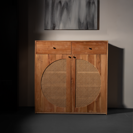 Solid Wood Cabinet with Circular Rattan Inlay & Drawers – SRK Modular Furniture Co.