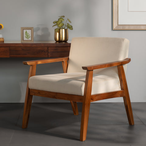 Solid Wood Lounge Chair – Mid-Century Modern Accent Chair with Cushioned Seat & Wooden Armrests for Living Room & Bedroom